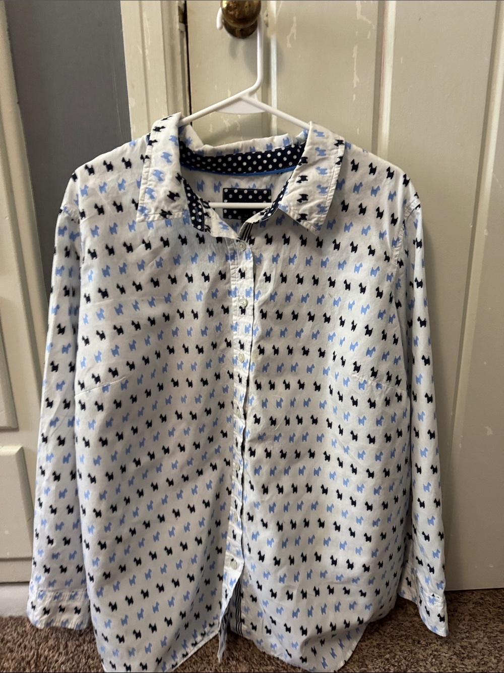 Talbots White Button-Down Shirt with Blue and Black Motif. Excellent shape.